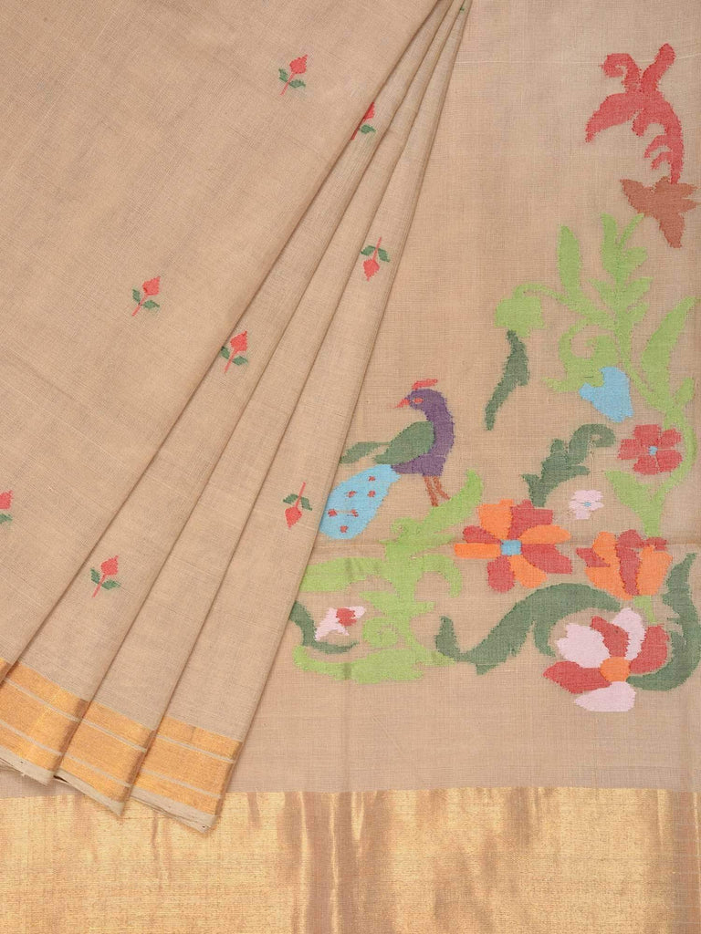 Cream Khadi Cotton Handloom Saree with Jamdani Buta and Birds Pallu Design kh0409