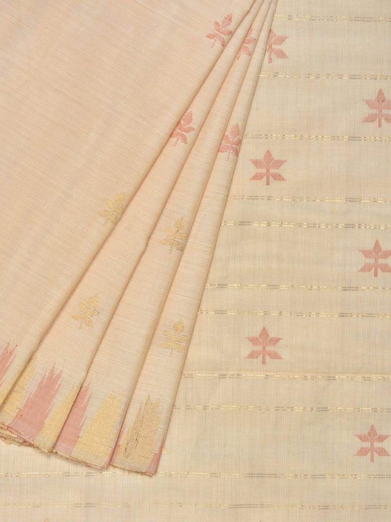 Cream Khadi Cotton Handloom Saree with Jamdani Buta and Temple Border Design Kh0441