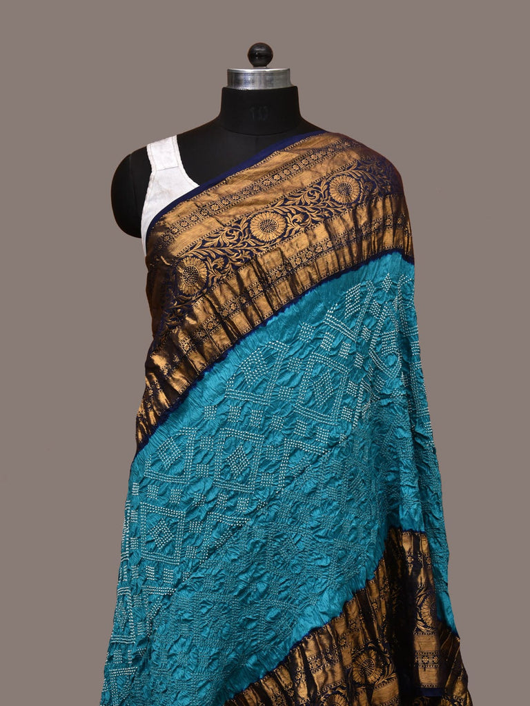 Dark Blue and Blue Bandhani Kanchipuram Silk Handloom Dupatta with Border Design ds3184