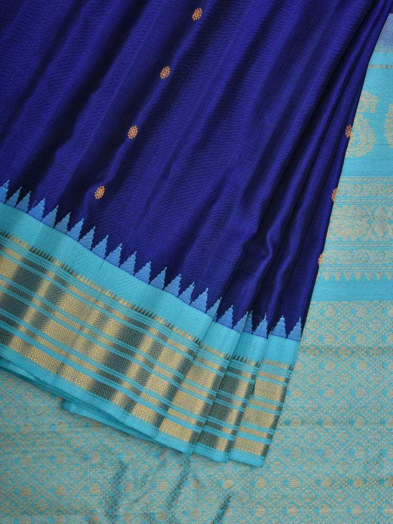 Dark Blue and Light Blue Gadwal Silk Handloom Saree with Mango Pallu and Temple Border Design g0310