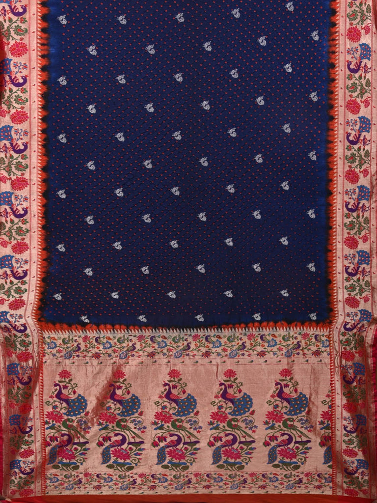 Dark Blue and Orange Bandhani Paithani Silk Handloom Saree with Border Design bn0365