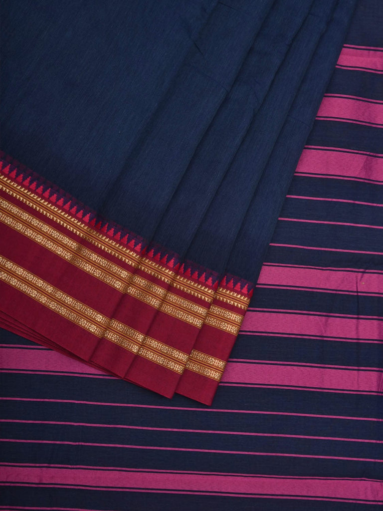 Dark Blue and Pink Bamboo Cotton Plain Saree with Border Design bc0067