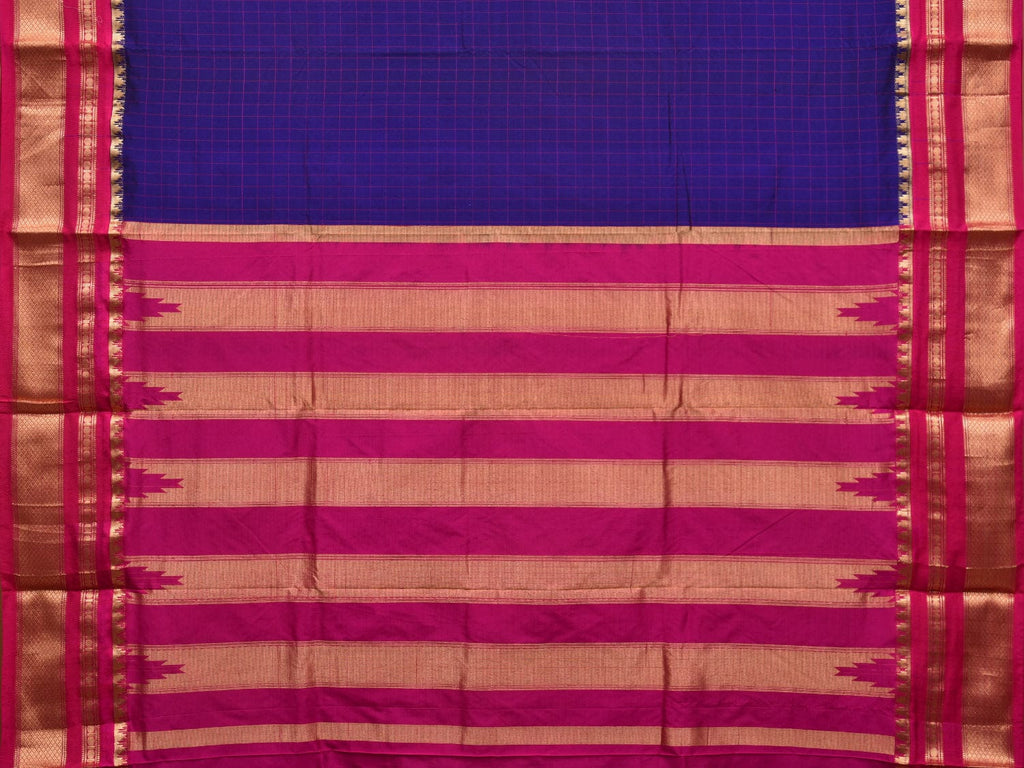 Dark Blue and Pink Gadwal Silk Handloom Saree with Checks Design g0318