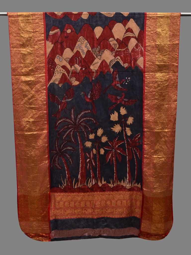 Dark Blue and Red Kalamkari Hand Painted Kanchipuram Silk Handloom Dupatta with Birds, Mountains and Trees Design ds2622