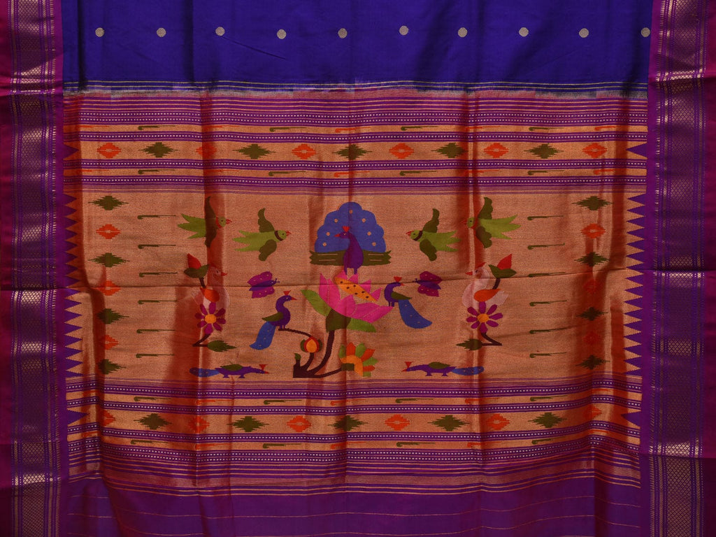Dark Blue Paithani Silk Handloom Saree with Peacocks and Parrots Pallu Design p0462