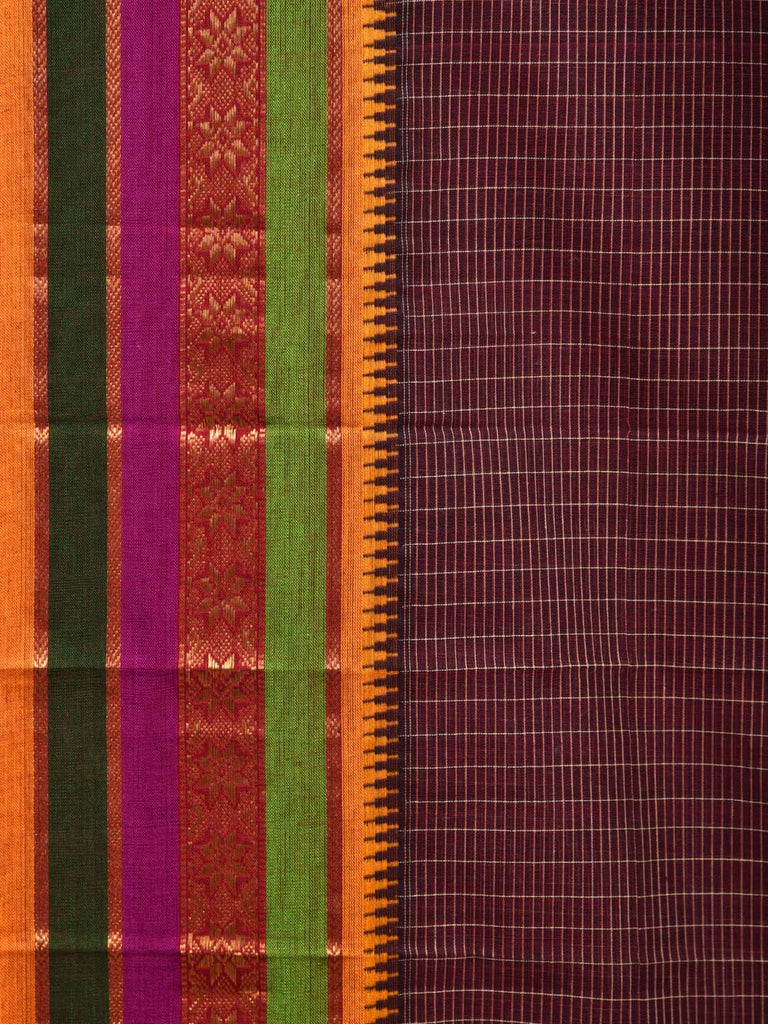Dark Brown Narayanpet Cotton Handloom Saree with Checks Design No Blouse np0314