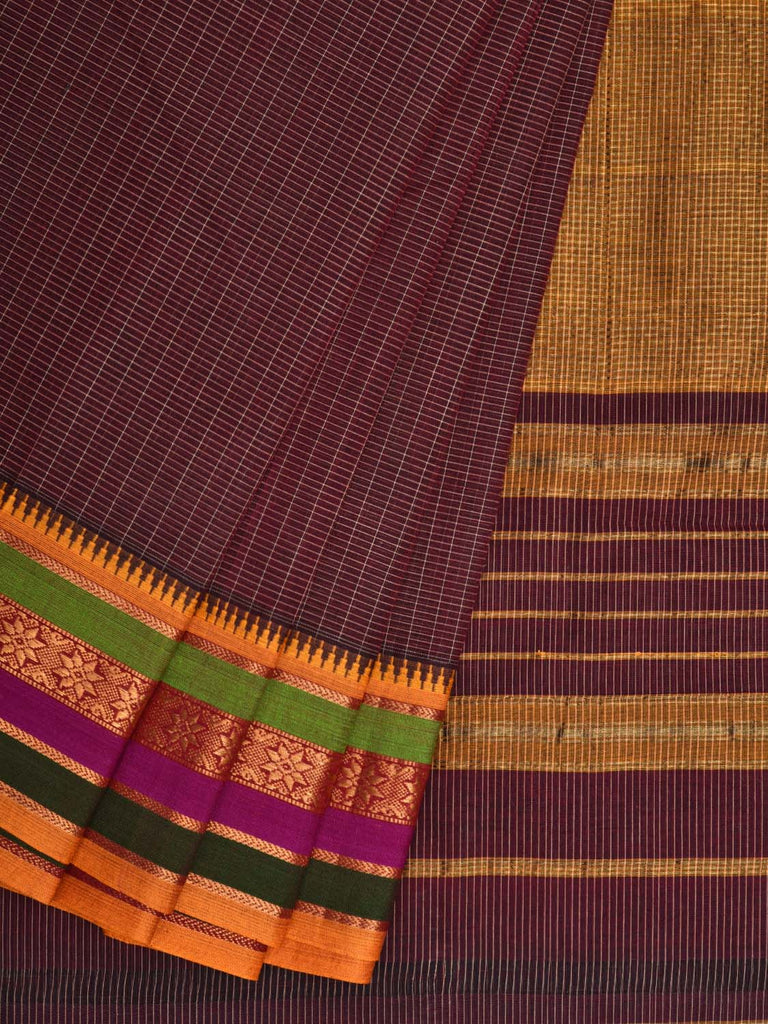 Dark Brown Narayanpet Cotton Handloom Saree with Checks Design No Blouse np0314