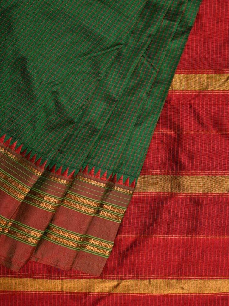 Dark Green and Maroon Narayanpet Silk Handloom Saree with Checks Design No Blouse np0389