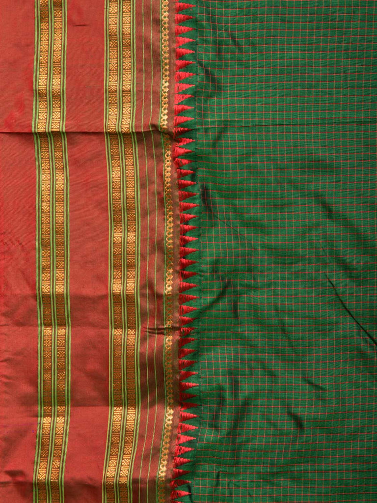 Dark Green and Maroon Narayanpet Silk Handloom Saree with Checks Design No Blouse np0389