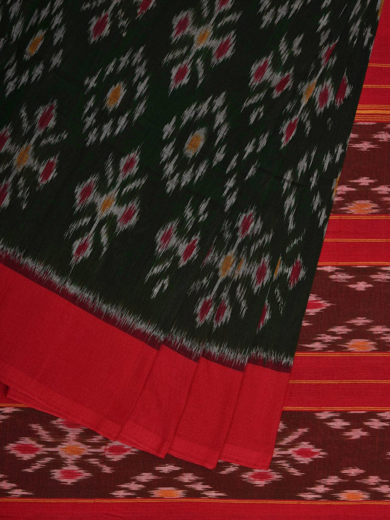 Dark Green and Red Pochampally Ikat Cotton Handloom Saree with All Over Design i0722