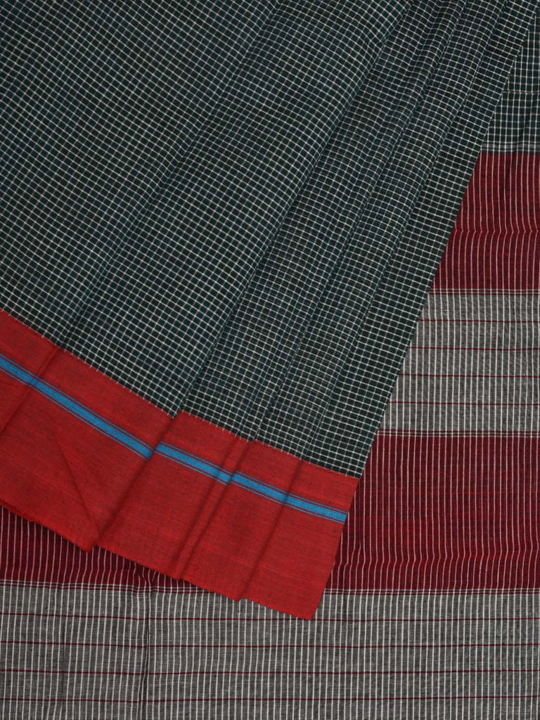 Dark Green ilkal Cotton Handloom Saree with Checks and Ganga-Jamuna Border Design No Blouse o0330