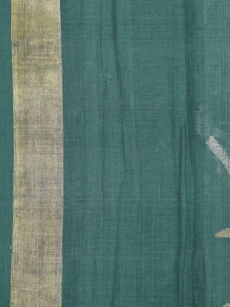 Dark Green Khadi Cotton Handloom Saree with One Side Peacocks Design kh0313