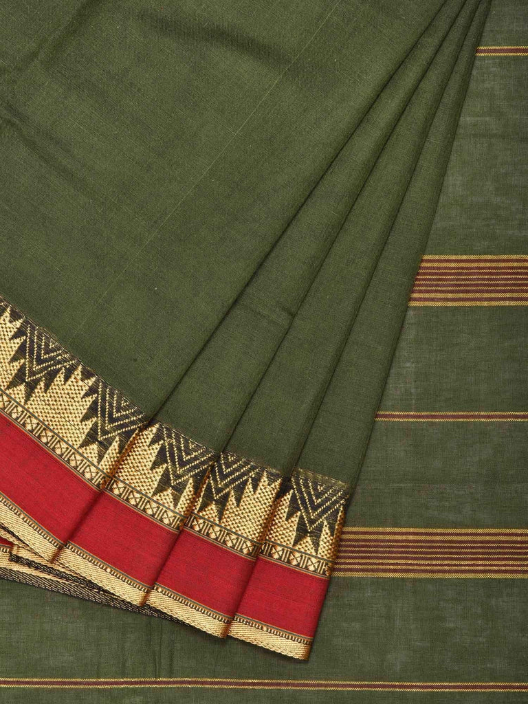 Dark Green Narayanpet Cotton Handloom Plain Saree with Temple Border Design No Blouse np0213