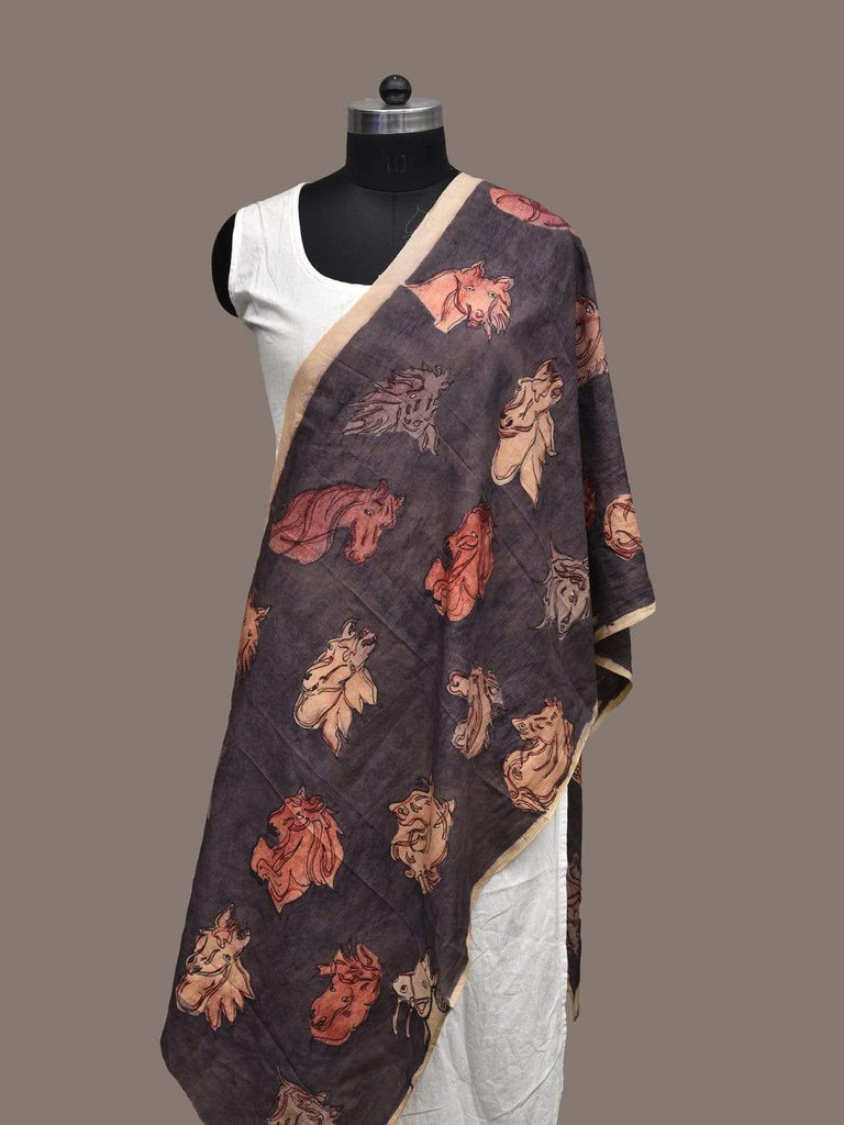 Dark Grey Kalamkari Hand Painted Silk Handloom Stole with Horses Design ds2208
