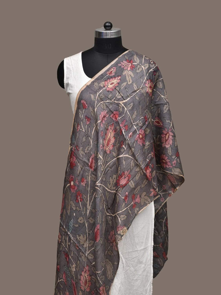 Dark Grey Kalamkari Hand Painted Tussar Silk Handloom Stole with Flowers and Leaves Design ds1996