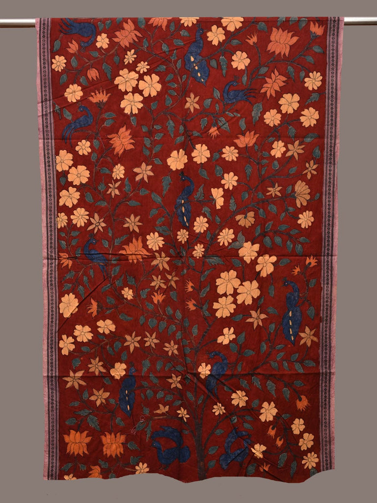 Dark Red Kalamkari Hand Painted Cotton Handloom Dupatta with Floral and Doby Border Design ds3190