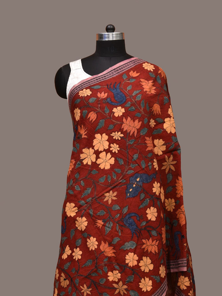 Dark Red Kalamkari Hand Painted Cotton Handloom Dupatta with Floral and Doby Border Design ds3190