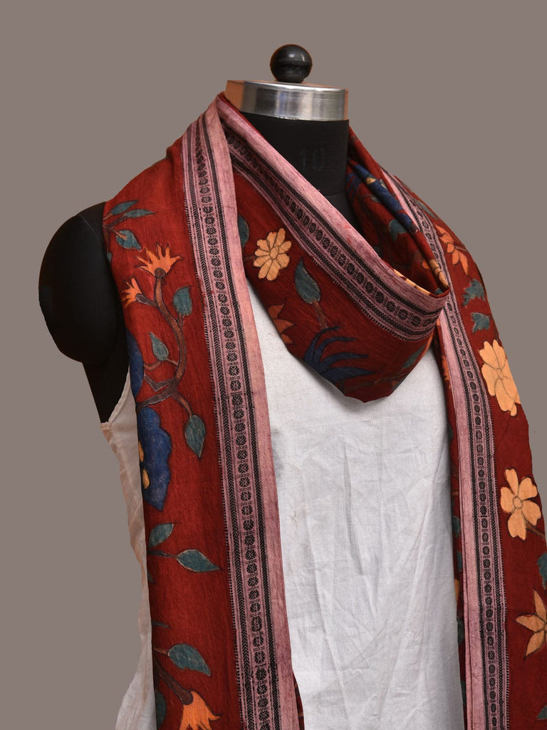 Dark Red Kalamkari Hand Painted Cotton Handloom Dupatta with Floral and Doby Border Design ds3190