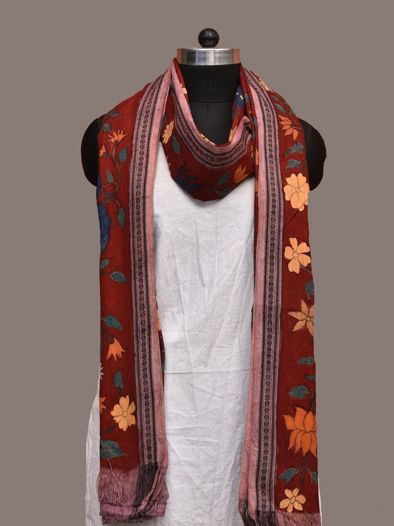 Dark Red Kalamkari Hand Painted Cotton Handloom Dupatta with Floral and Doby Border Design ds3190