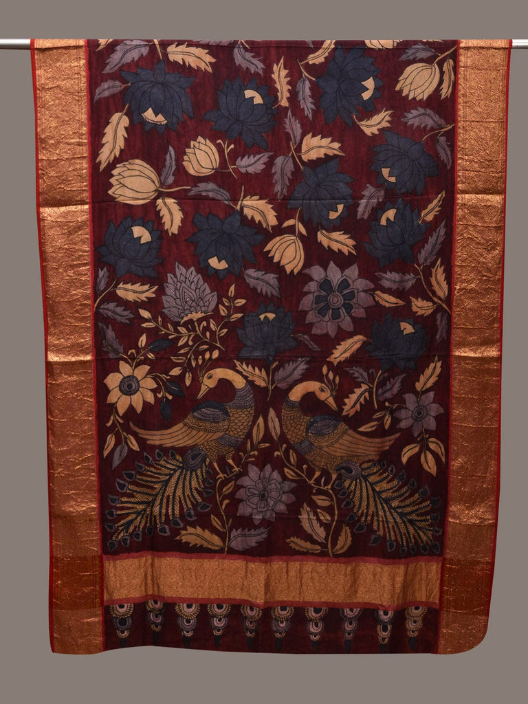 Dark Red Kalamkari Hand Painted Kanchipuram Silk Handloom Dupatta with Lotus Flowers and Peacocks Design ds2714