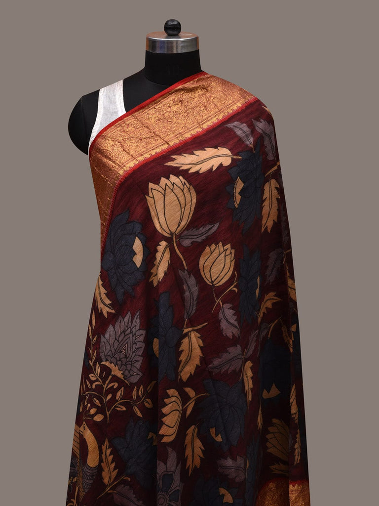 Dark Red Kalamkari Hand Painted Kanchipuram Silk Handloom Dupatta with Lotus Flowers and Peacocks Design ds2714