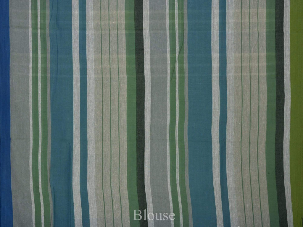 Green and Blue Organic Cotton Handloom Saree with Strips and Checks Design o0160