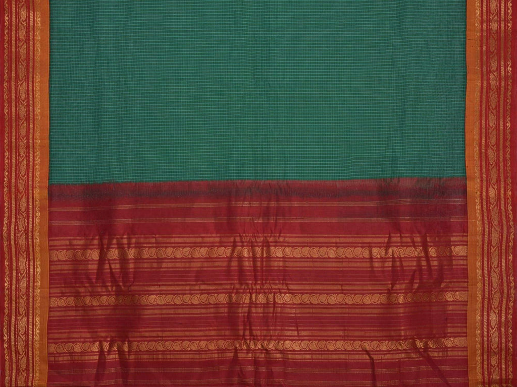Green and Maroon Gadwal Cotton Handloom Saree with Checks Design No Blouse G0184