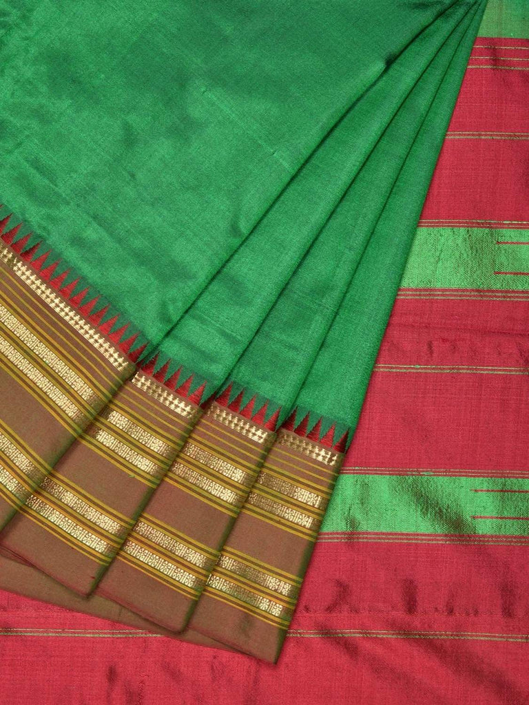 Green and Maroon Narayanpet Silk Handloom Plain Saree with Contrast Pallu Design No Blouse np0241
