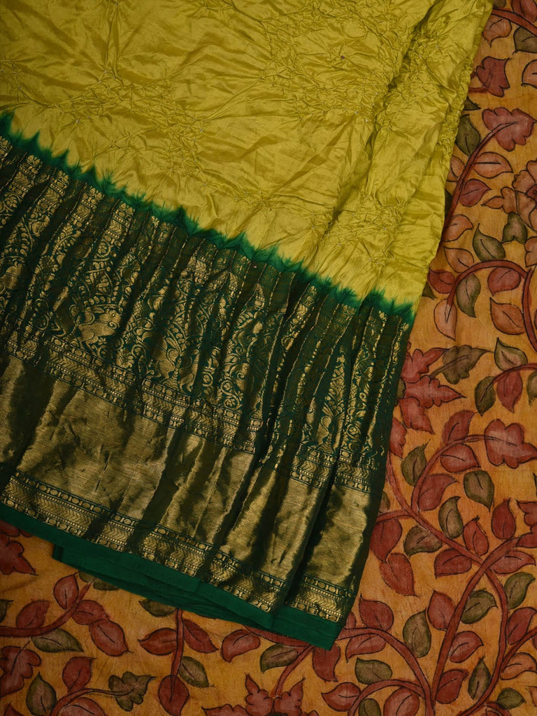 Green and Mustard Bandhani Kanchipuram Silk Handloom Saree with Kalamkari Pallu and Blouse Design bn0444
