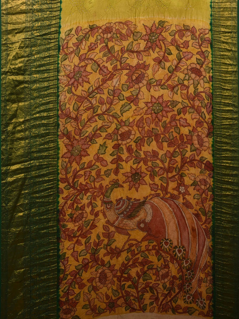 Green and Mustard Bandhani Kanchipuram Silk Handloom Saree with Kalamkari Pallu and Blouse Design bn0444