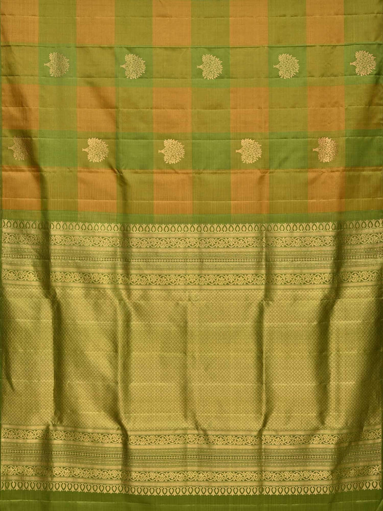 Green and Mustard Kanchipuram Silk Handloom Saree with Checks and Tree Buta Design K0429