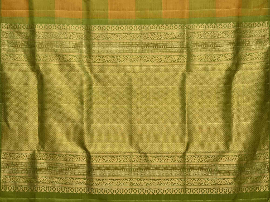 Green and Mustard Kanchipuram Silk Handloom Saree with Checks and Tree Buta Design K0429
