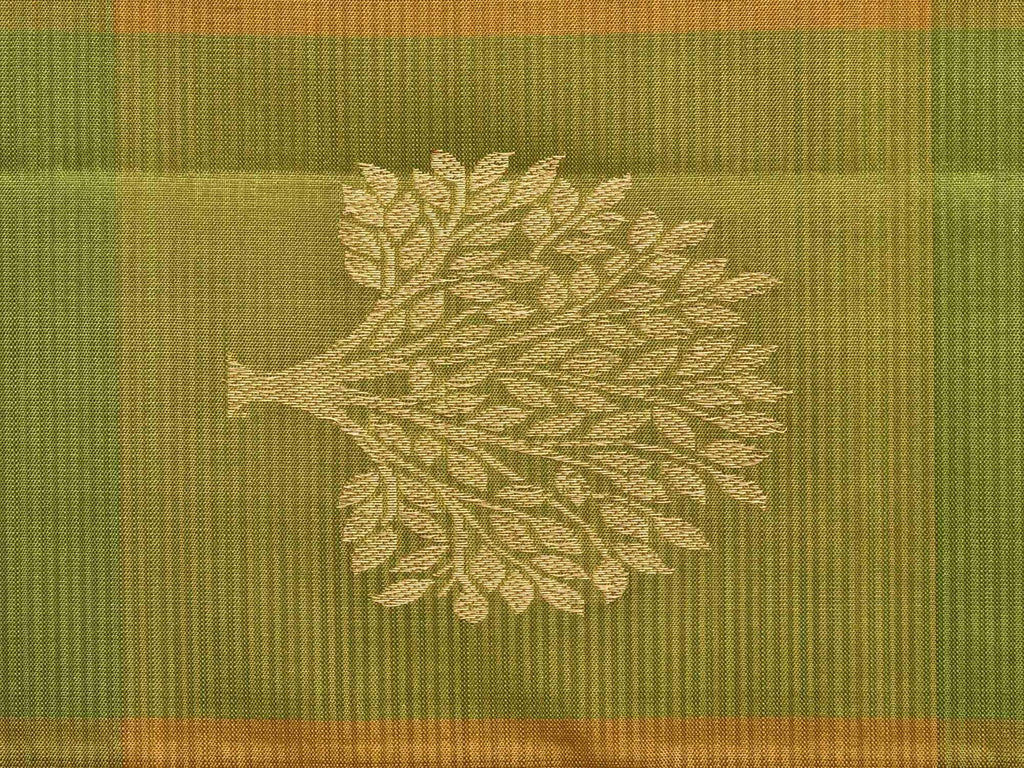 Green and Mustard Kanchipuram Silk Handloom Saree with Checks and Tree Buta Design K0429