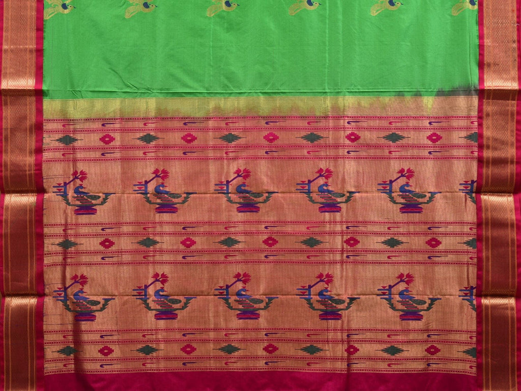 Green and Pink Paithani Silk Handloom Saree with Pallu and Body Buta Design p0419