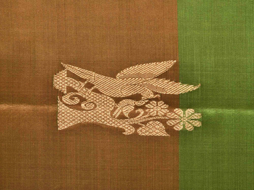 Green and Rust Kanchipuram Silk Handloom Saree with Checks and Birds Buta Design k0426
