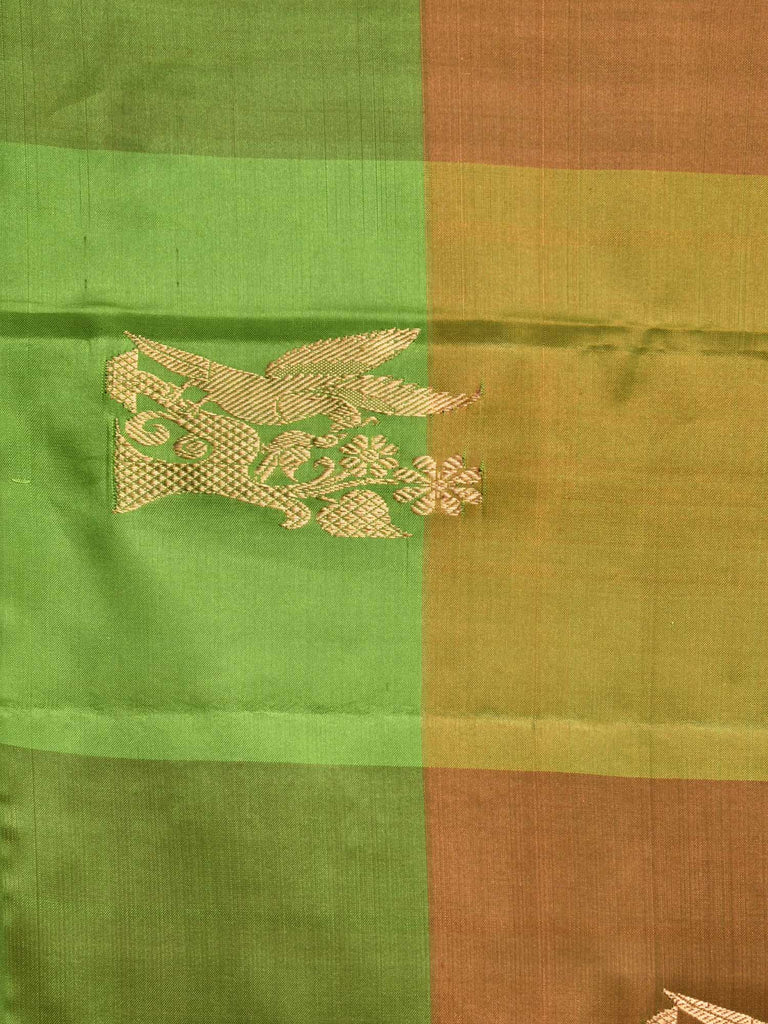 Green and Rust Kanchipuram Silk Handloom Saree with Checks and Birds Buta Design k0426