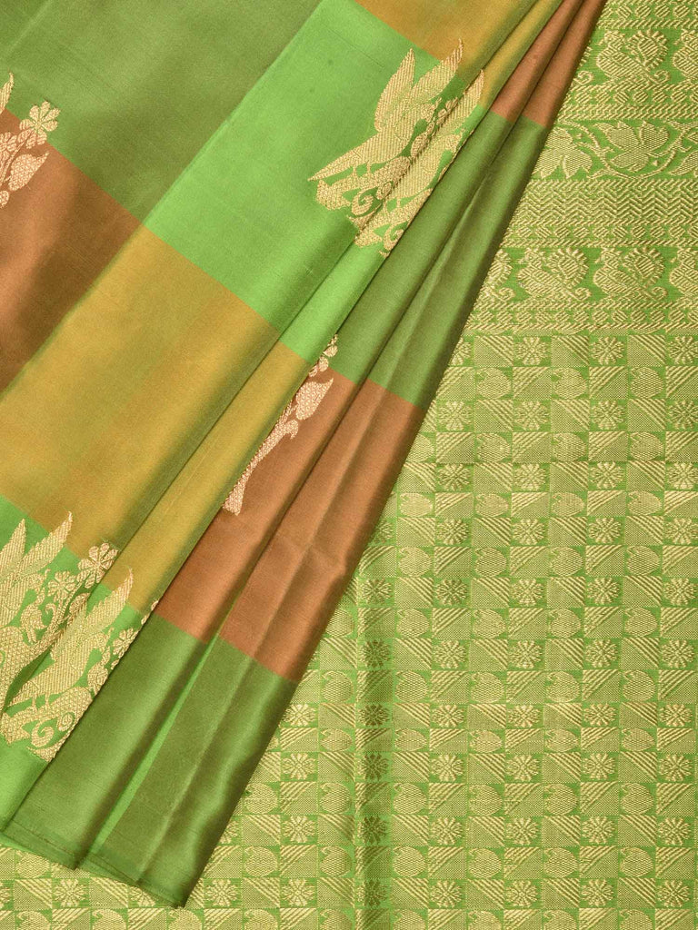 Green and Rust Kanchipuram Silk Handloom Saree with Checks and Birds Buta Design k0426