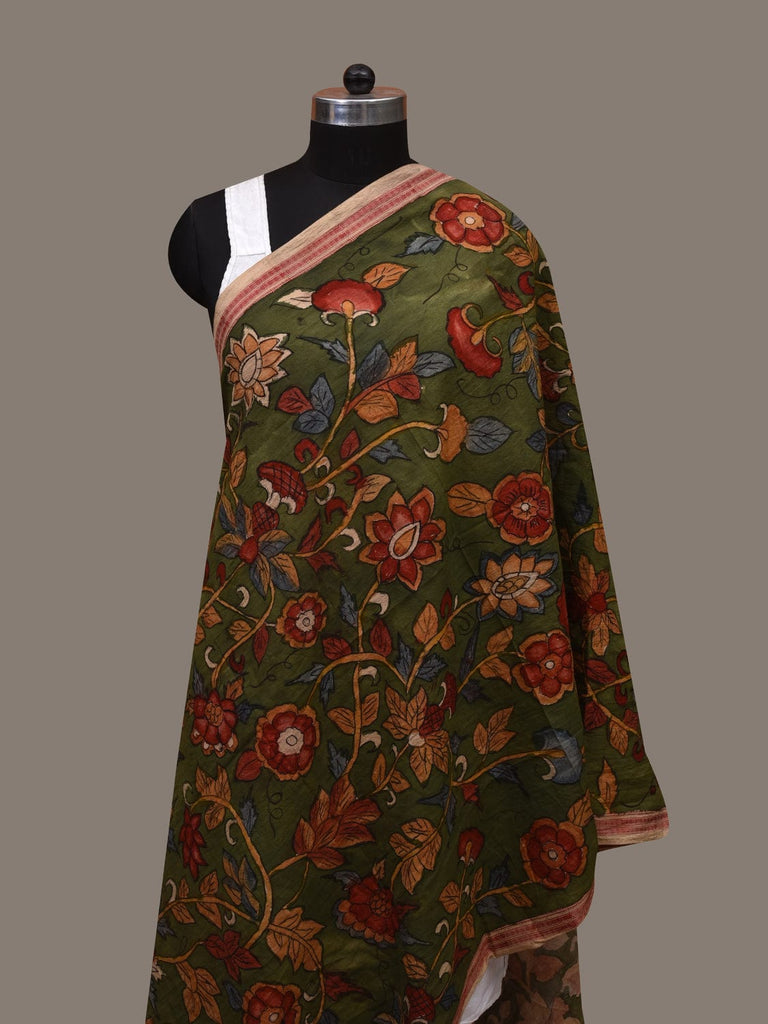 Green Kalamkari Hand Painted Cotton Handloom Dupatta with Doby Border and Floral Design ds3090