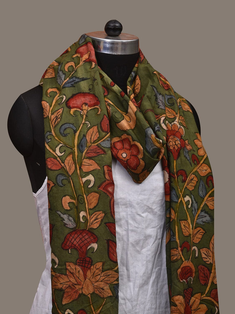 Green Kalamkari Hand Painted Cotton Handloom Dupatta with Doby Border and Floral Design ds3090