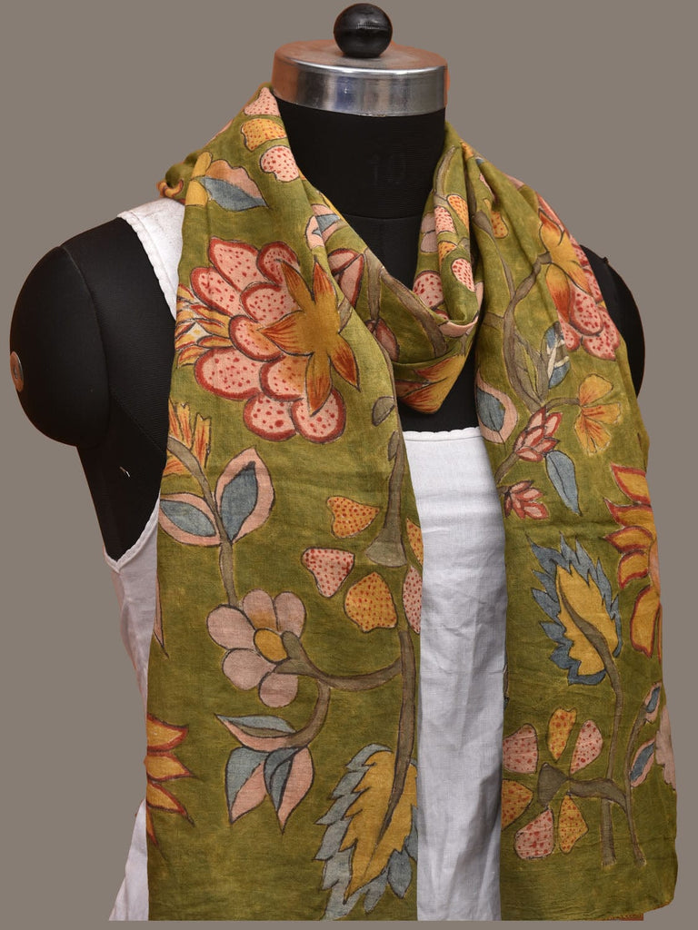 Green Kalamkari Hand Painted Cotton Handloom Stole with Floral Design ds3096
