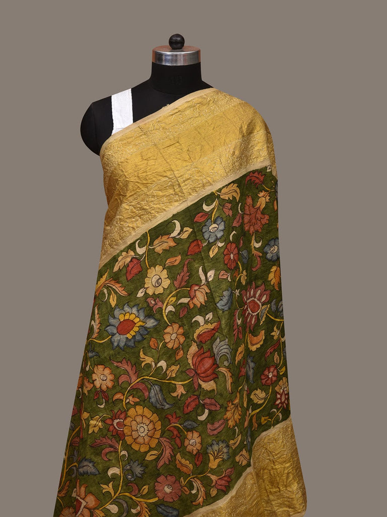 Green Kalamkari Hand Painted Kanchipuram Silk Handloom Dupatta with Floral Design ds3070
