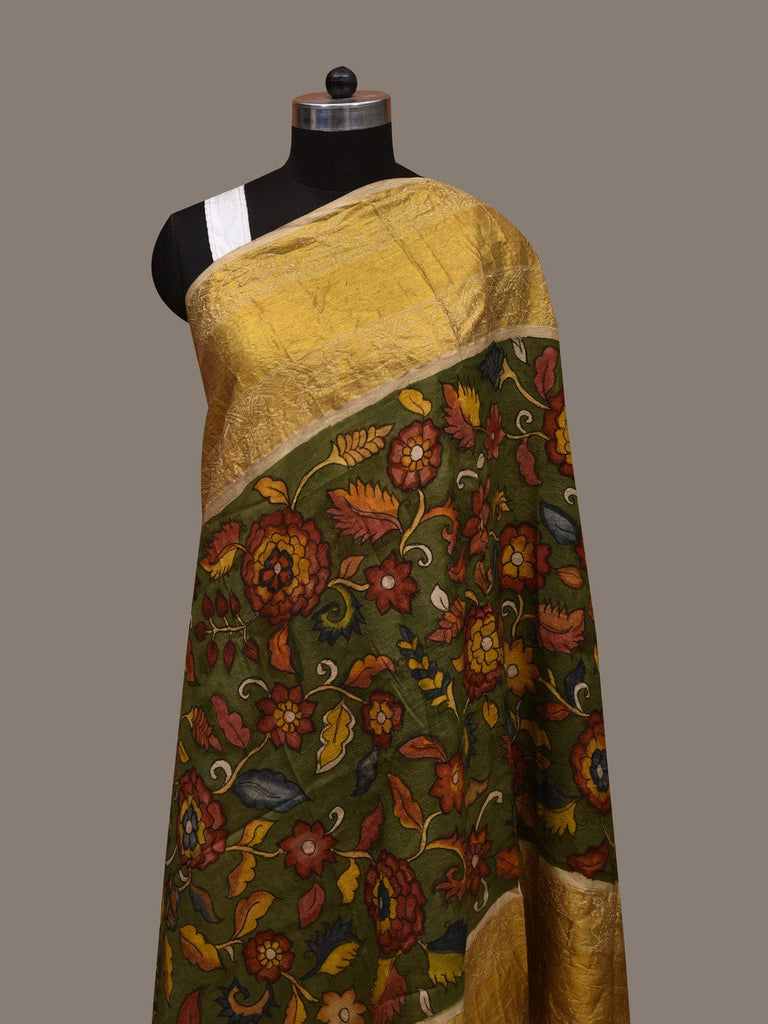 Green Kalamkari Hand Painted Kanchipuram Silk Handloom Dupatta with Floral Design ds3092