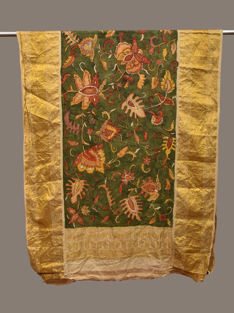 Green Kalamkari Hand Painted Kanchipuram Silk Handloom Dupatta with Floral Design ds3109