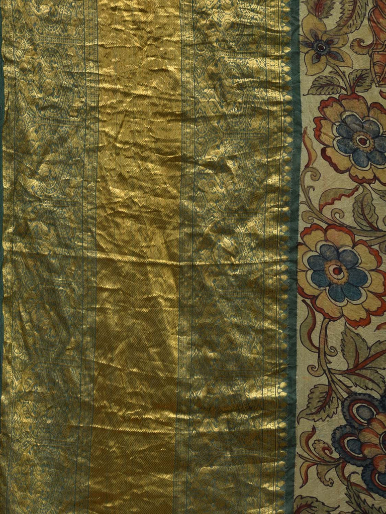 Green Kalamkari Hand Painted Kanchipuram Silk Handloom Saree with Floral Design KL0597