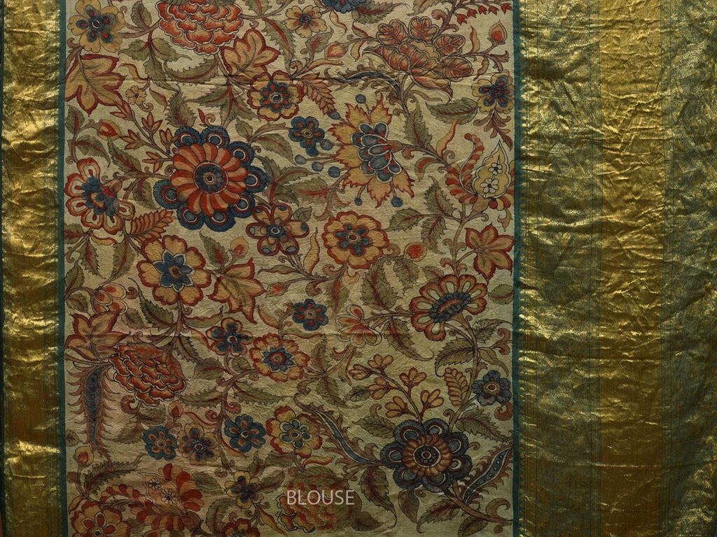 Green Kalamkari Hand Painted Kanchipuram Silk Handloom Saree with Floral Design KL0597