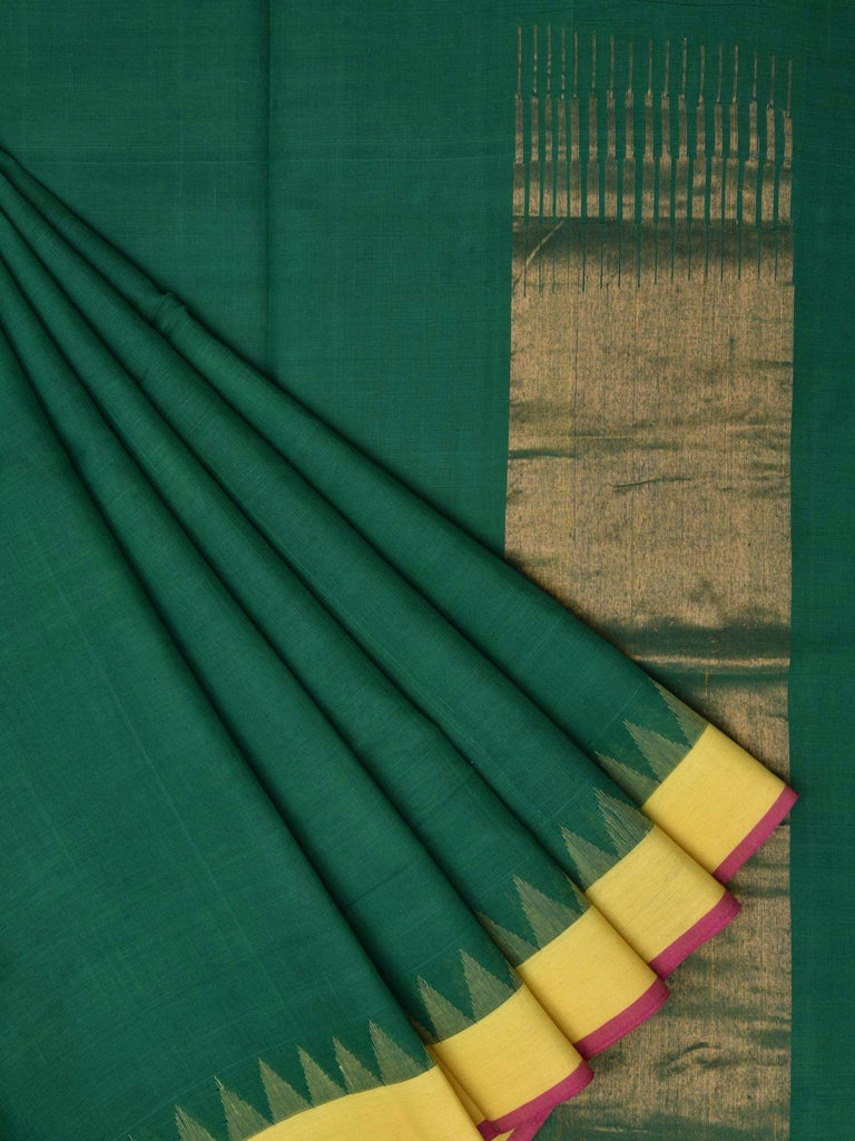 Green Khadi Cotton Handloom Plain Saree with Temple Border Design kh0294