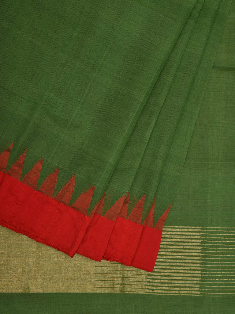 Green Khadi Cotton Handloom Plain Saree with Temple Border Design kh0587