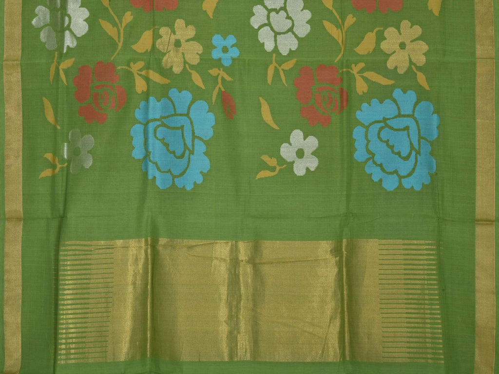 Green Khadi Cotton Handloom Saree with All Over Flowers Design kh0316