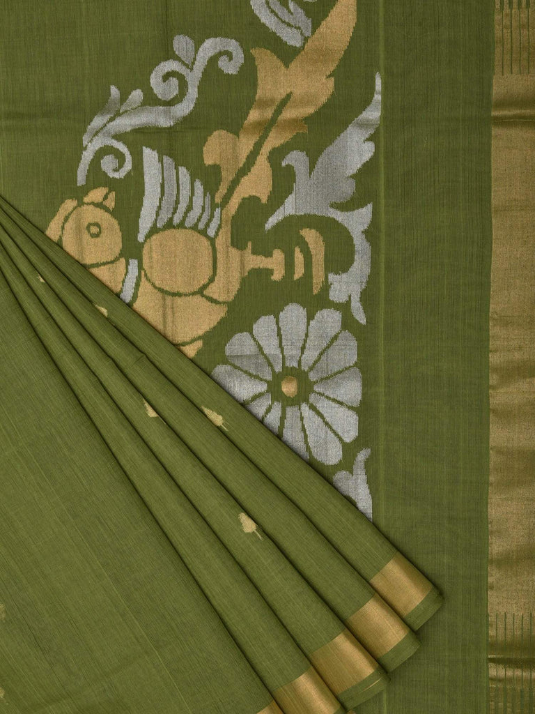 Green Khadi Cotton Handloom Saree with Parrots Pallu Design kh0304