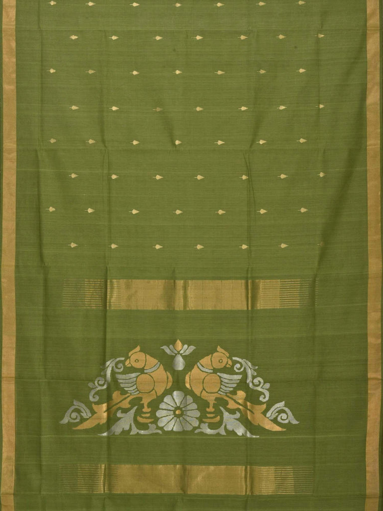 Green Khadi Cotton Handloom Saree with Parrots Pallu Design kh0304